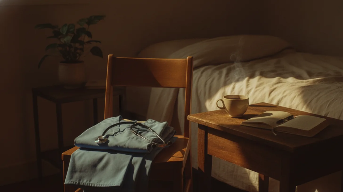Warm morning light across a hospital badge and coffee cup on a clean desk, symbolizing a healthcare worker's return to practice