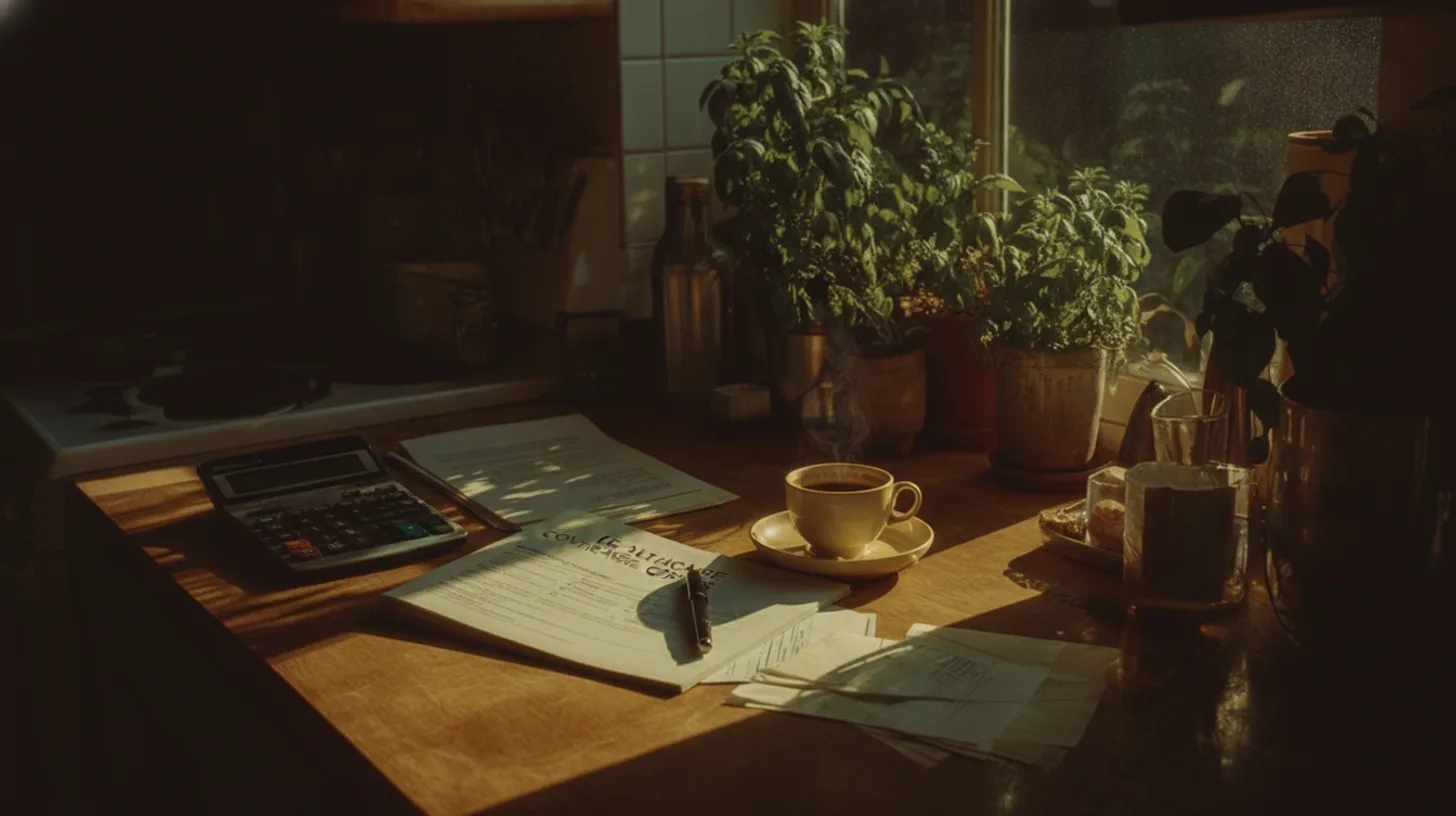 Healthcare plan documents and prescription bottle on a clean desk with morning light