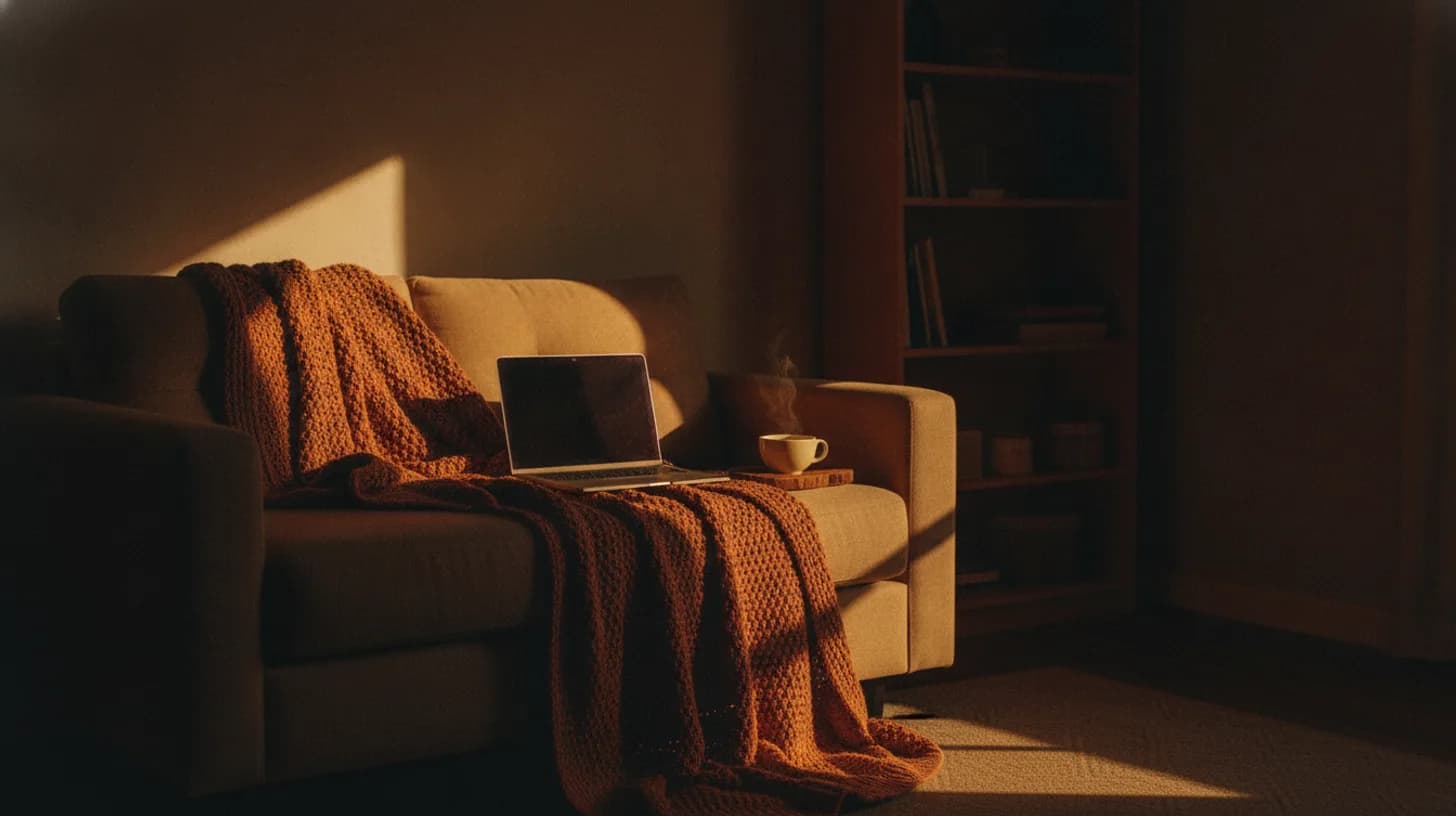 Person attending a private telehealth appointment from home on a laptop in a comfortable, well-lit space