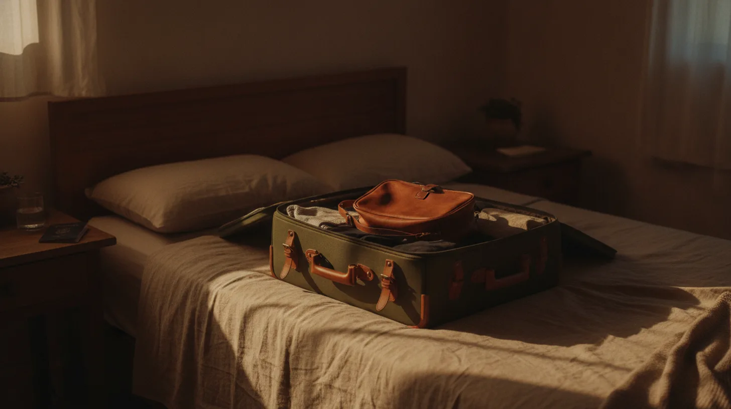 Packed suitcase with medication organizer and travel documents on a clean hotel bed
