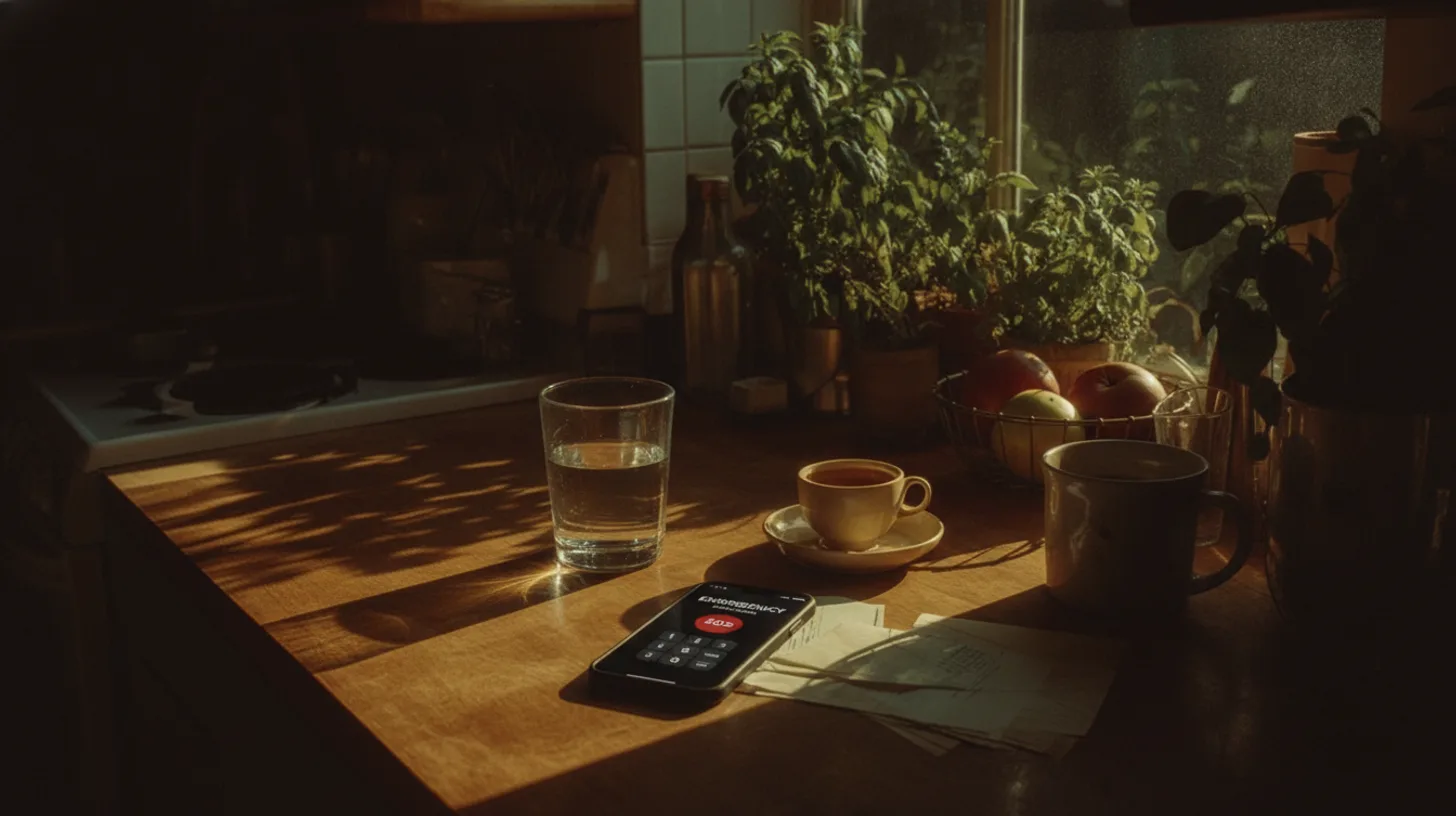 Emergency phone on table with warm morning light, symbolizing the safety of calling 911 during an overdose