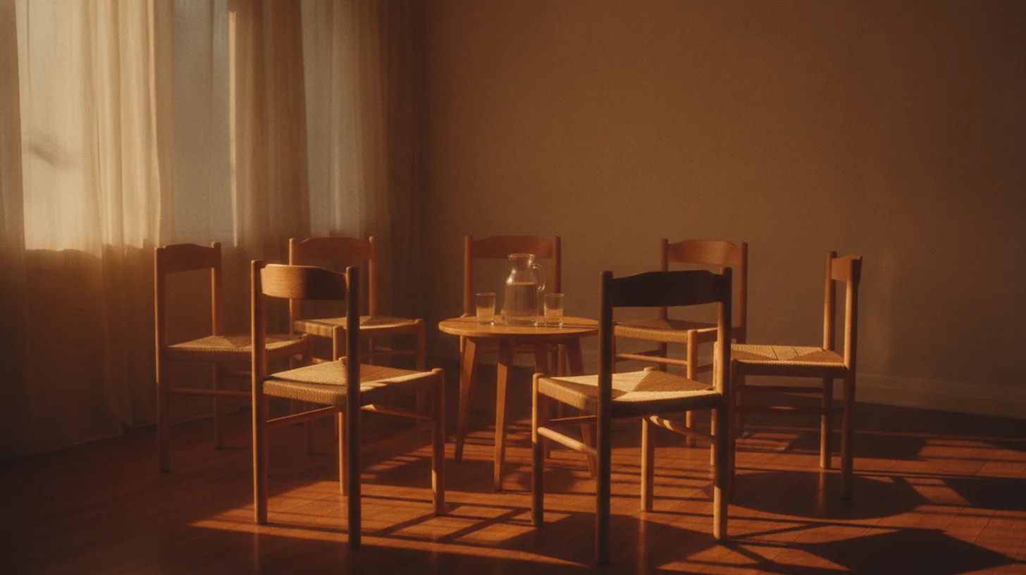 Circle of empty chairs in warm morning light suggesting supportive group therapy space