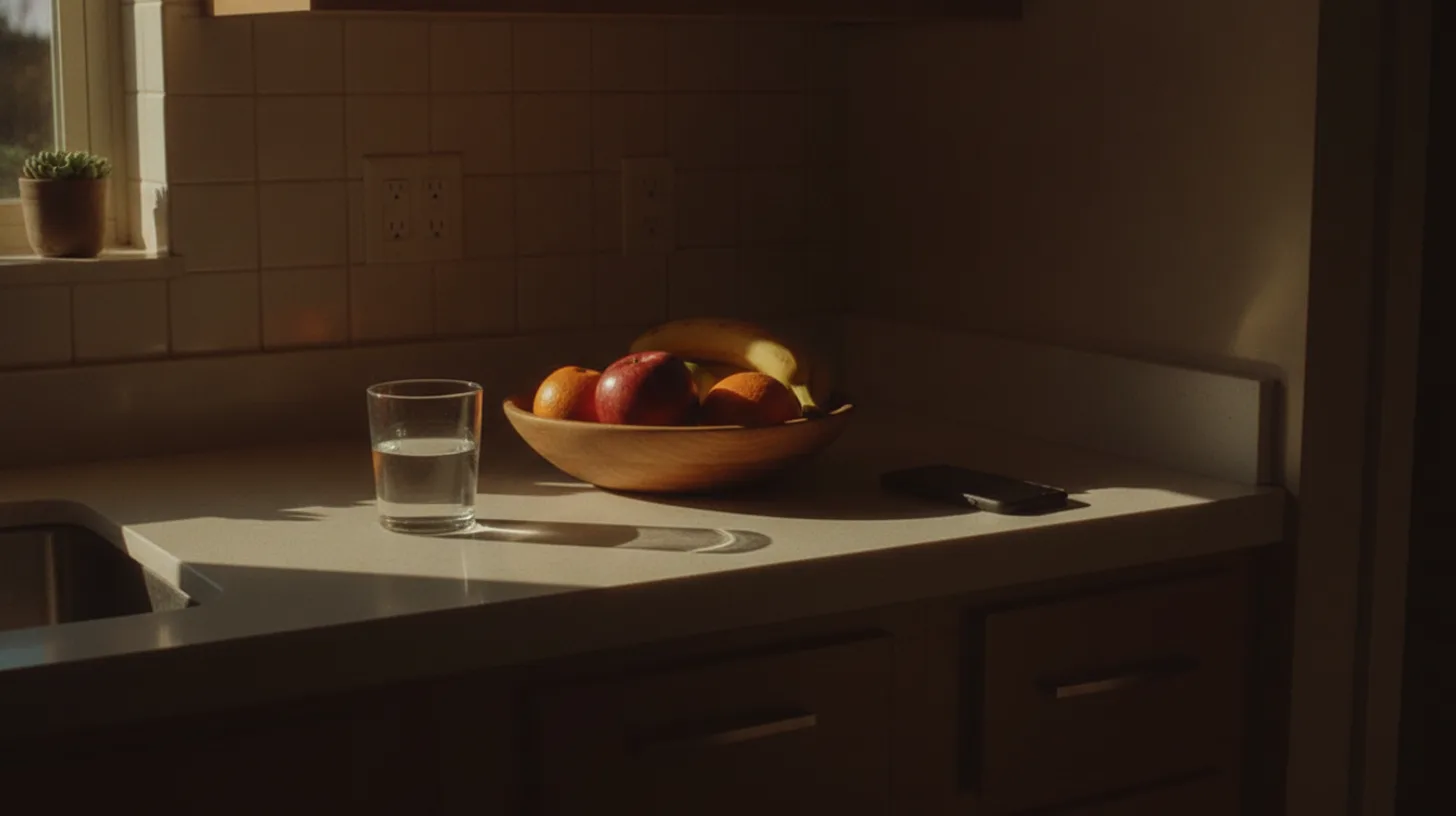 Morning light streaming through a kitchen window onto a wooden table with a glass of water, fresh fruit, and a simple meal
