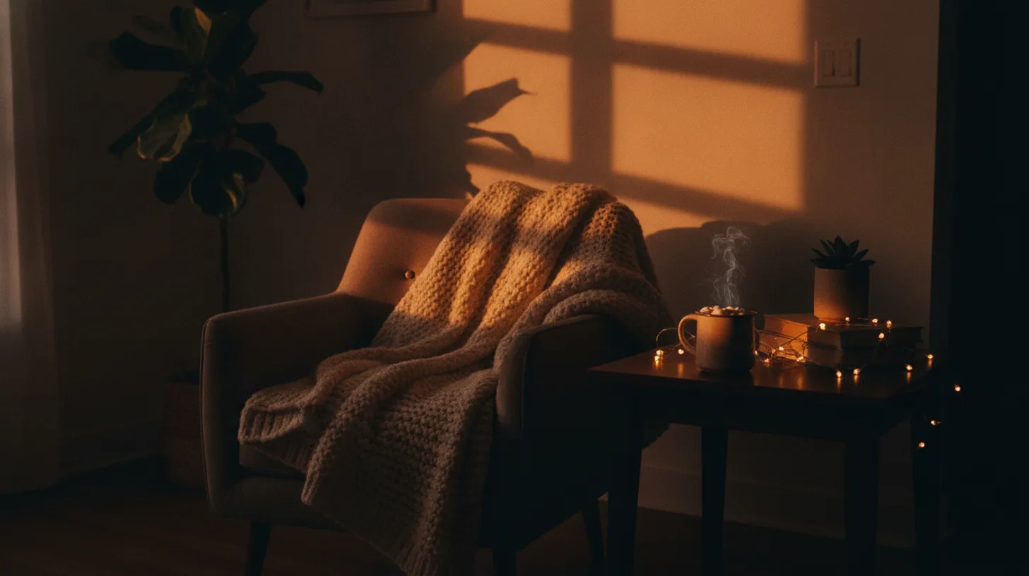 Warm morning light streaming through a window onto a simple table set with tea, a journal, and seasonal greenery