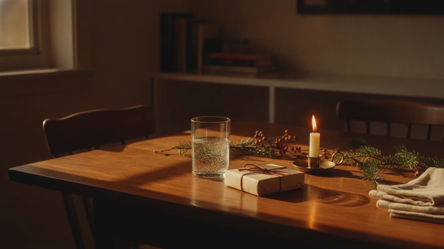 Warm morning light streaming through a window onto a quiet breakfast table with coffee and a journal, representing peaceful holiday mornings in recovery
