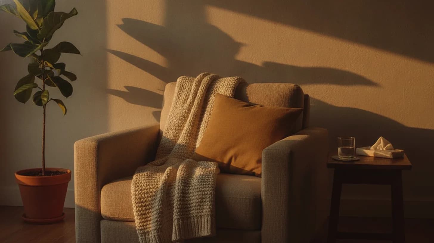 Warm sunlight filtering through sheer curtains onto a comfortable therapy office with two chairs facing each other, plants, and soft textures