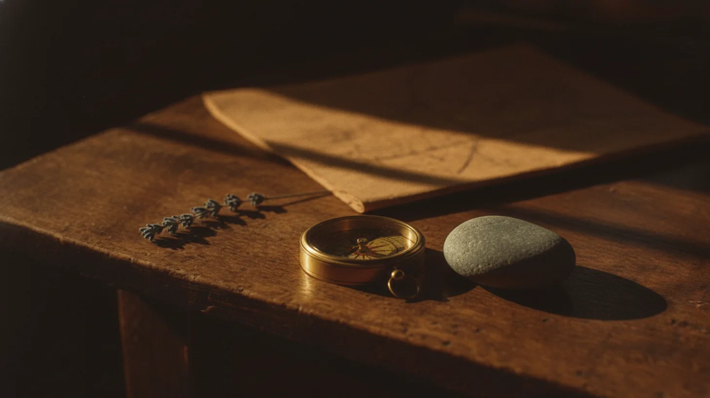 Morning light streaming through a window onto a wooden table with a notebook, pen, and coffee cup, suggesting quiet reflection and decision-making
