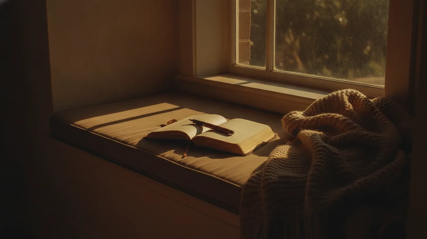 Open journal with pen on wooden table in warm morning light