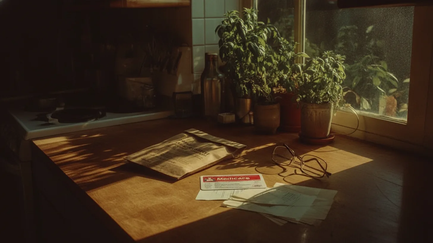 Medicare card and pill organizer on a kitchen table with morning sunlight