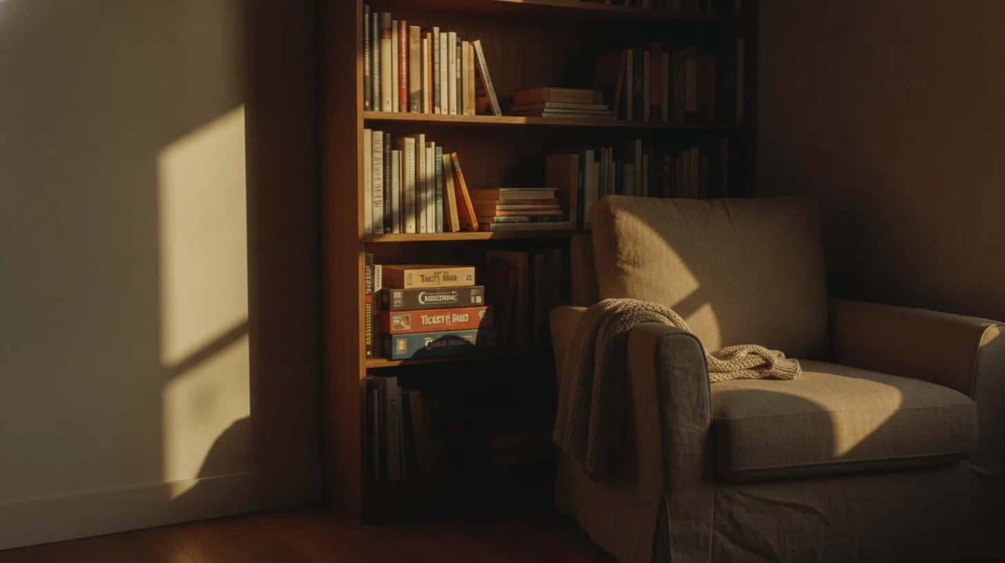 Sunlit window with a potted plant, an open journal, and a cup of tea on a simple wooden table, suggesting peaceful purposeful solitude
