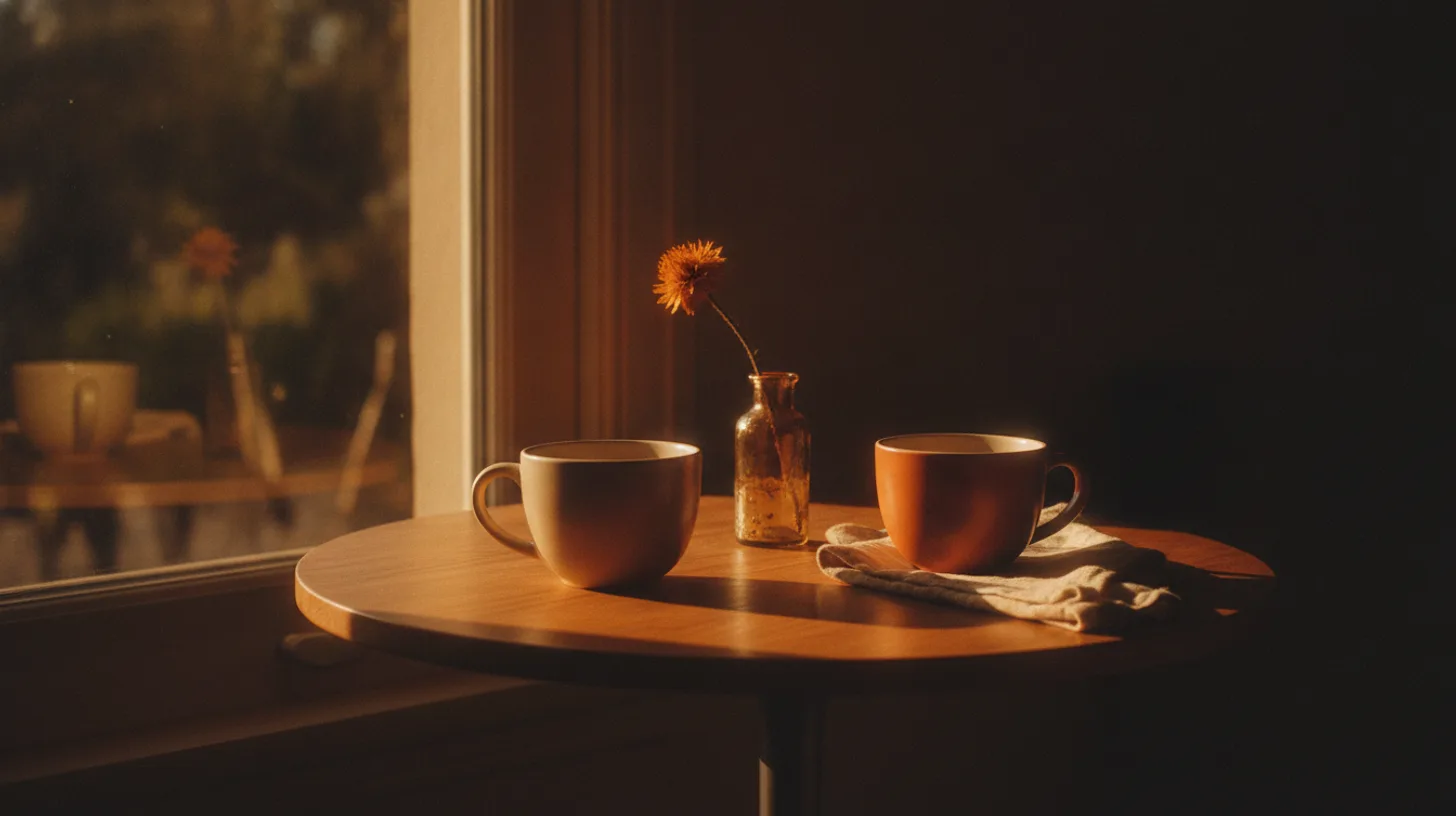 Two coffee cups on a café table in warm morning light, suggesting connection and conversation