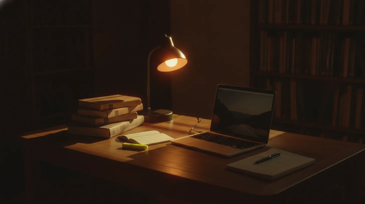Open textbook on a wooden desk with morning sunlight streaming through a window, coffee mug and laptop nearby