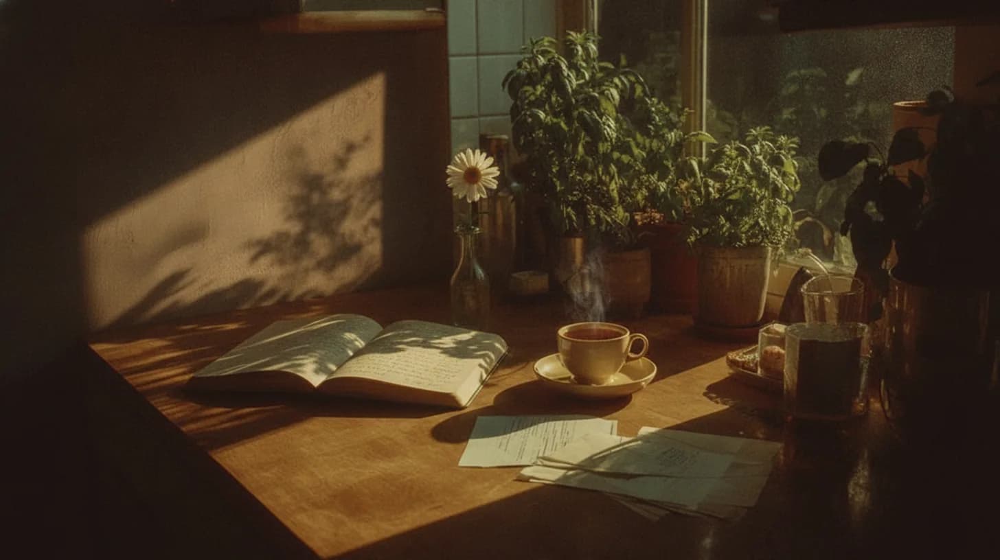Morning journal with handwritten gratitude notes beside a ceramic mug on a wooden table, soft natural light
