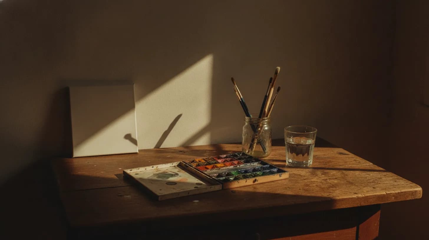 Sunlit craft table with watercolors, pottery tools, and a journal, representing creative hobbies in recovery