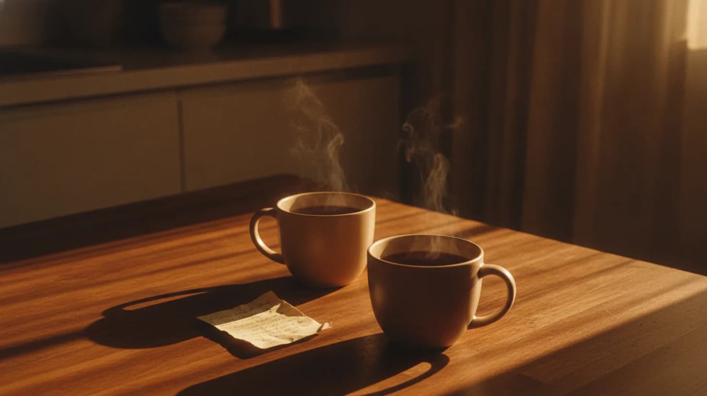 Two coffee cups side by side on a sunlit table, symbolizing connection and communication in recovery
