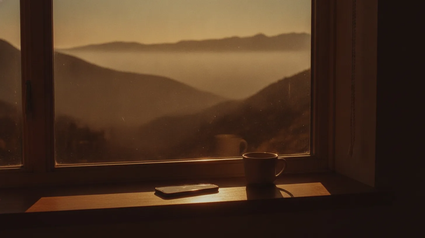 Weathered front porch overlooking rolling Appalachian hills at dawn