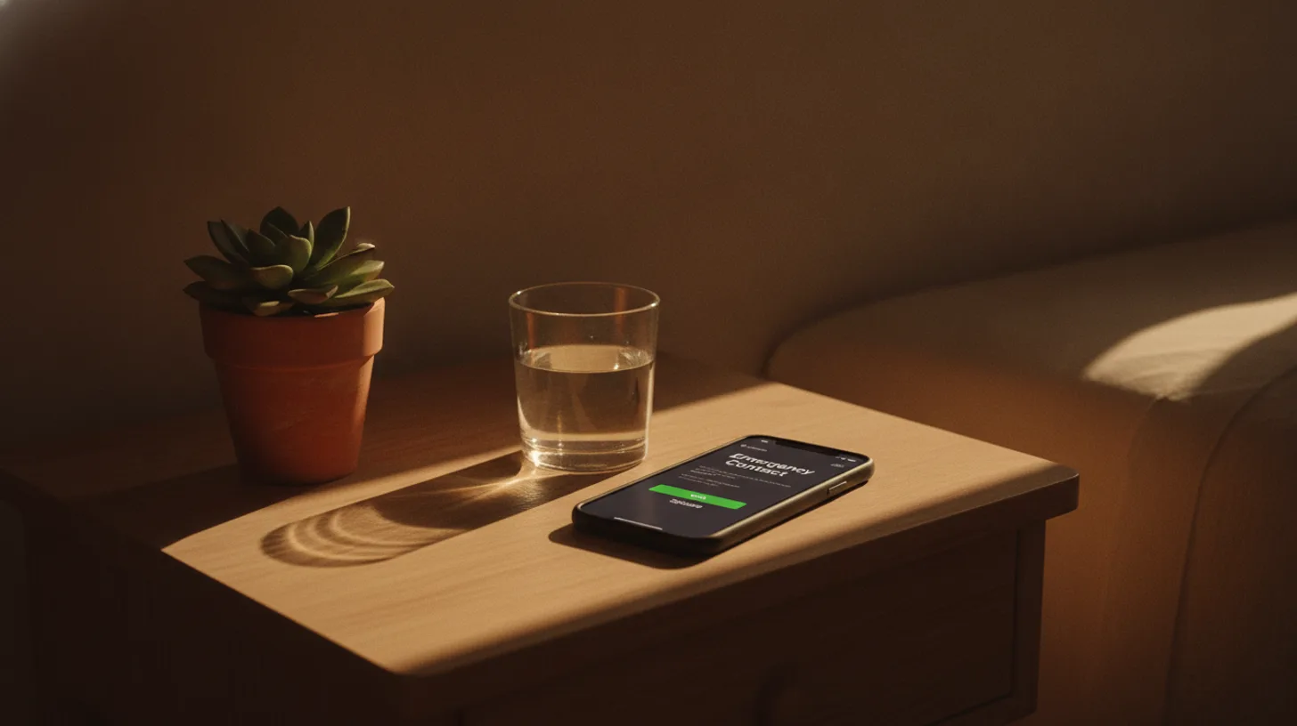 Morning light across a clean table with a phone, naloxone kit, and fentanyl test strips — symbols of harm reduction and staying safe