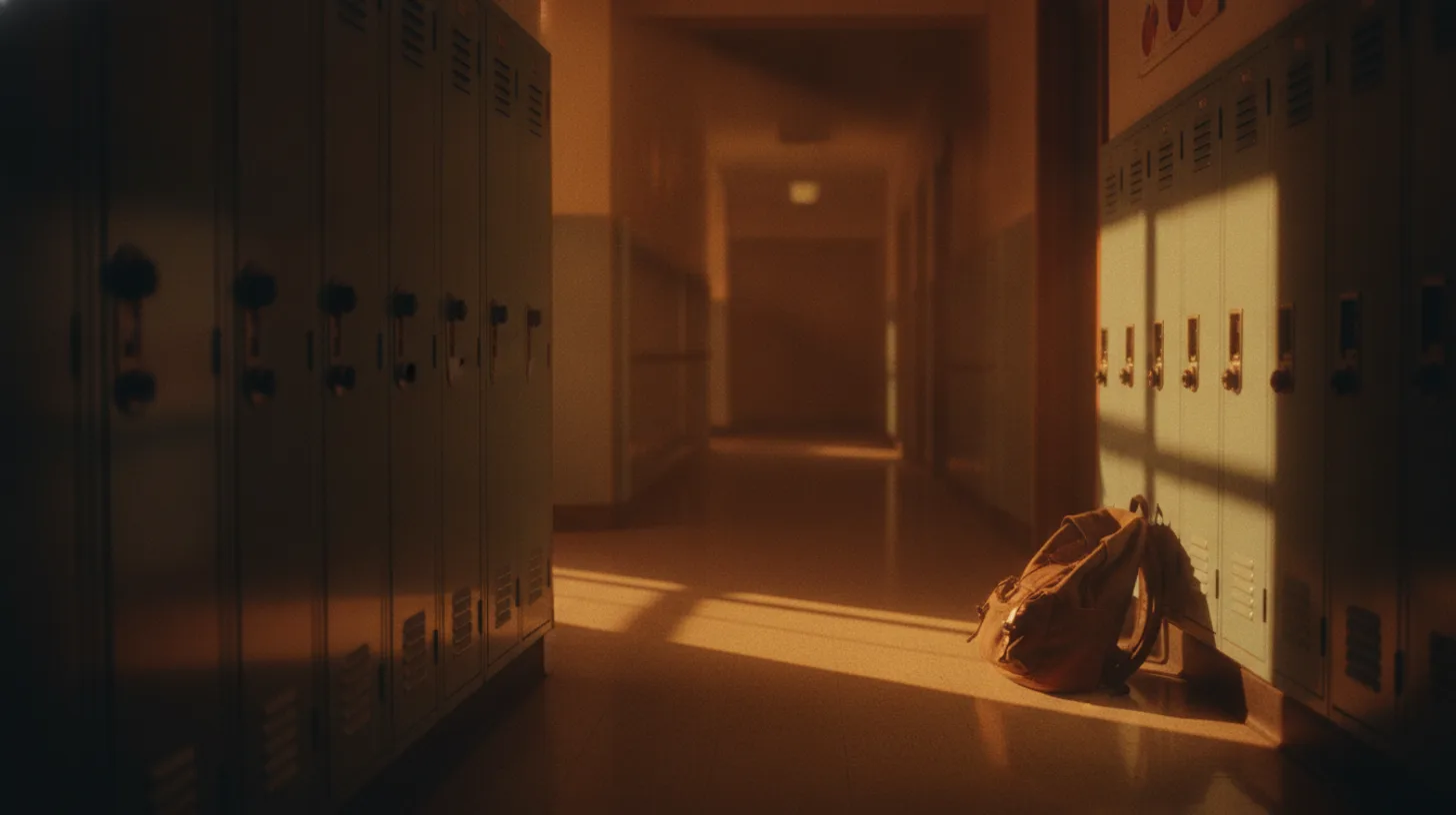 Morning light through school hallway windows, empty lockers and bulletin board with student artwork, warm amber tones, feeling of possibility and fresh starts