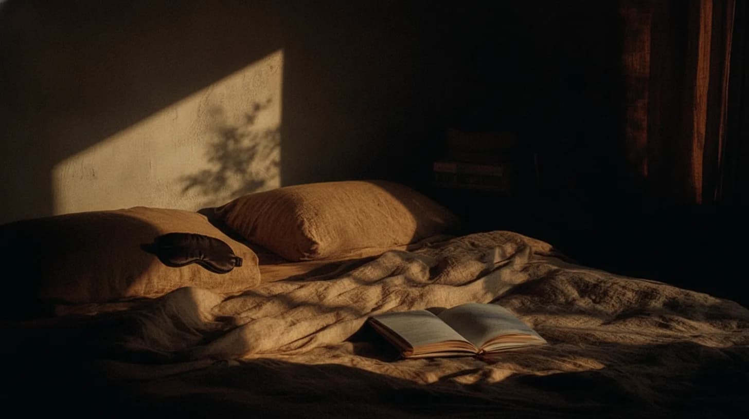 Peaceful bedroom with soft morning light streaming through white curtains onto rumpled bedding
