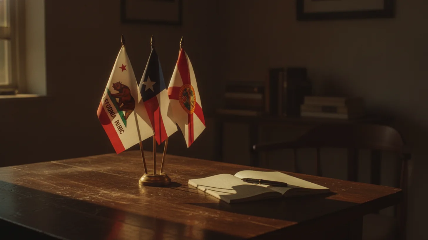Sunlight streaming through office blinds onto legal documents and a gavel on a wooden desk