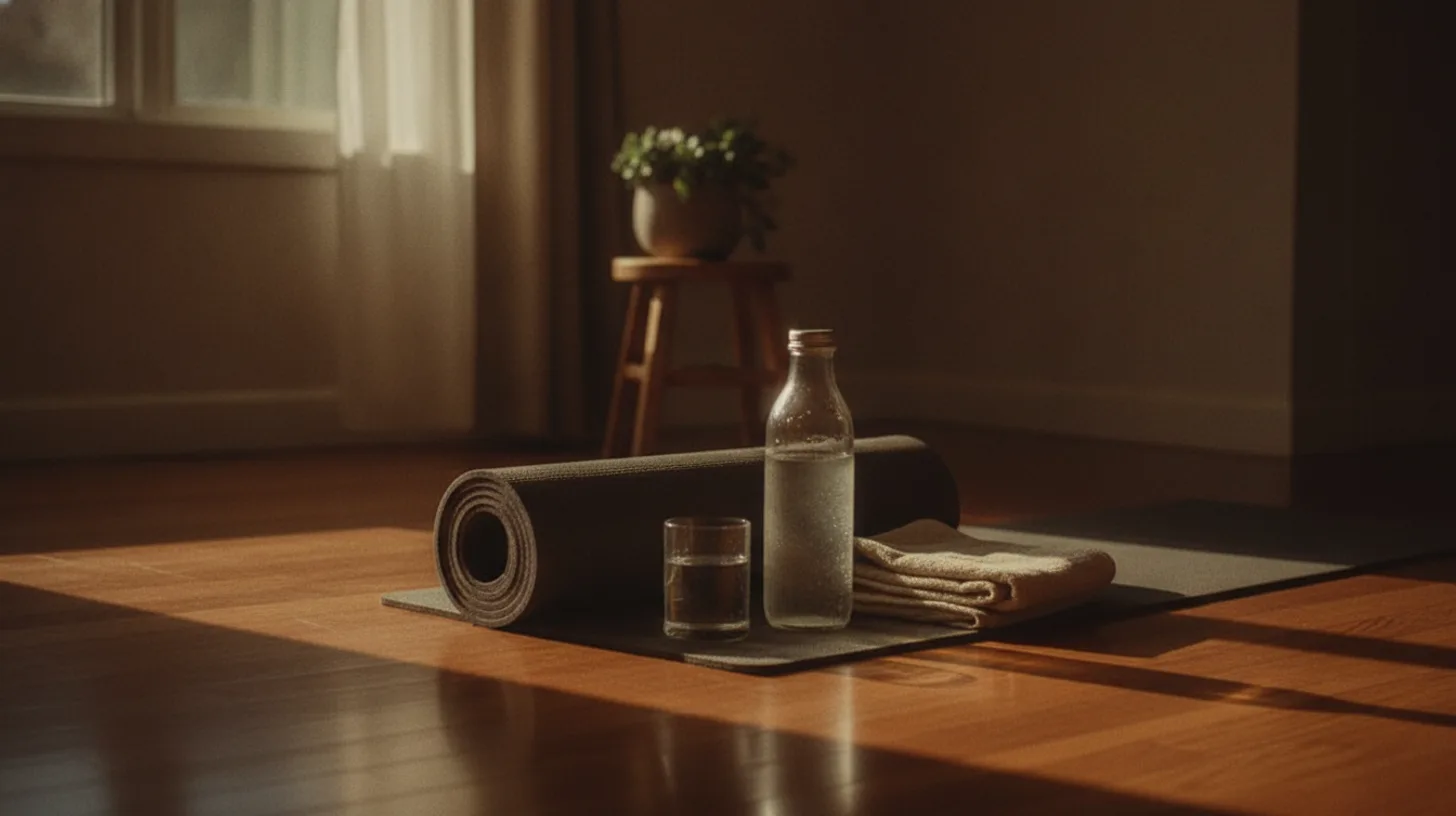Morning sunlight across workout mat and water bottle symbolizing healthy exercise routine during recovery