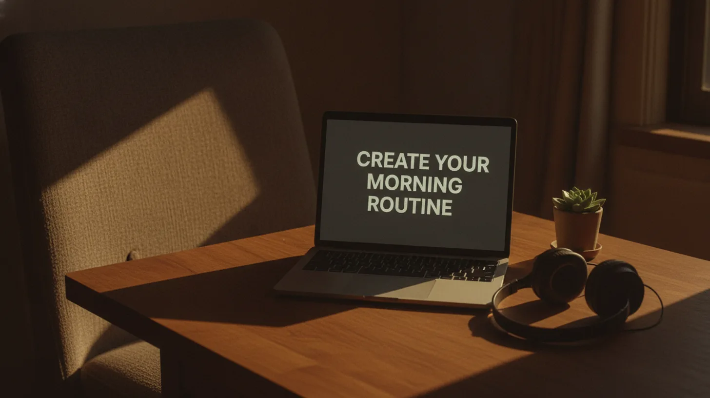 Adaptive technology setup showing laptop with closed captions, smartphone with accessibility icons, and soft morning light