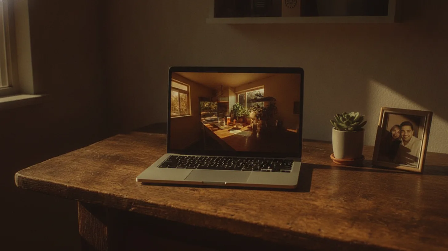 Warm morning light streaming across a comfortable home office setup with laptop, plants, and coffee mug suggesting a personal virtual care appointment