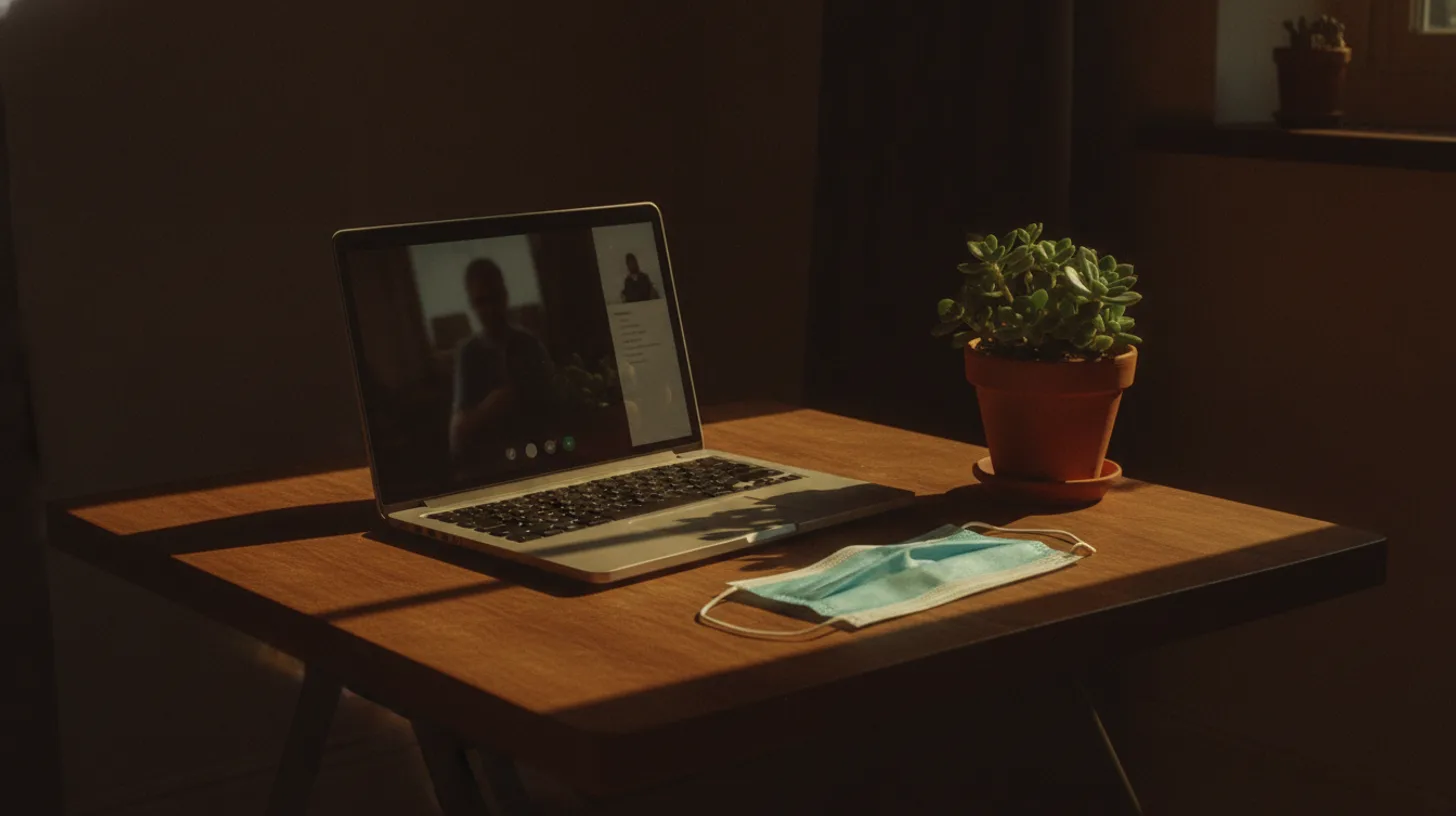 Warm sunlight streaming through a window onto a laptop and coffee cup on a wooden table, representing the comfort of telehealth at home