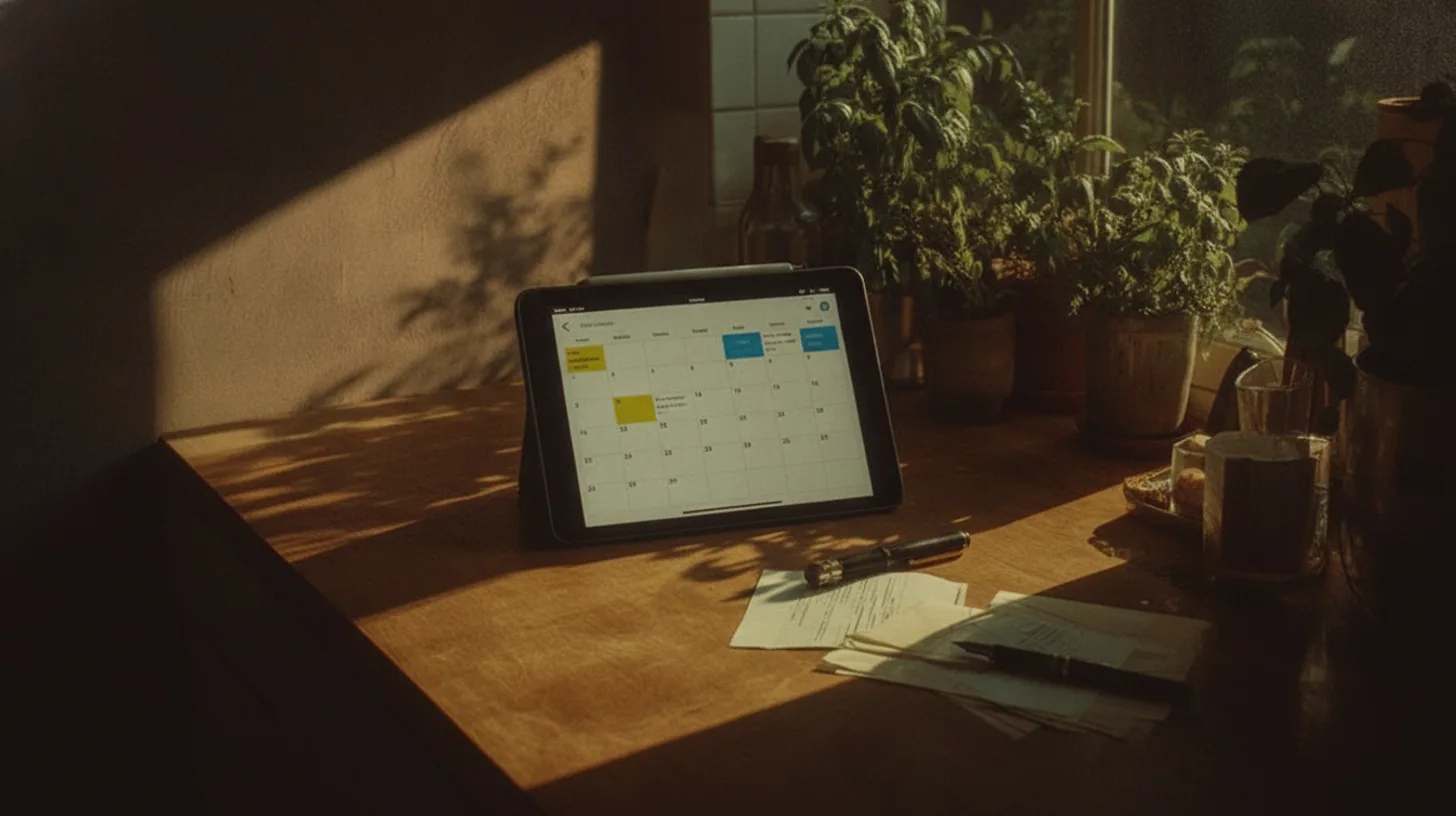 A laptop on a clean kitchen table during a morning video call, warm natural light, symbolizing routine telehealth check-ins