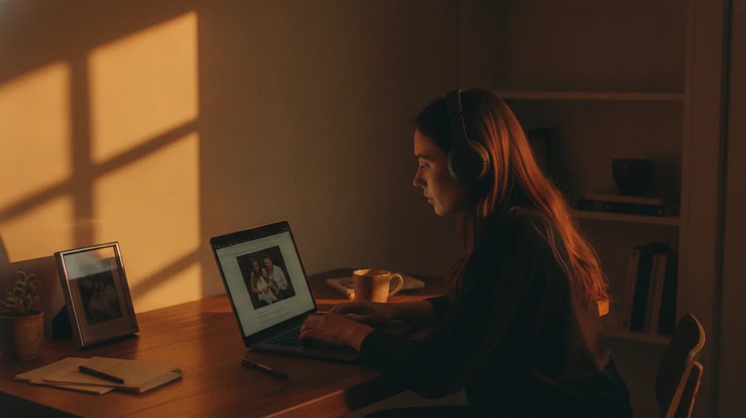 Family member attending a virtual support session on laptop at home