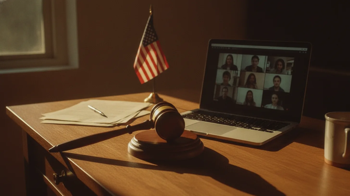 Laptop displaying telehealth video call on clean desk with medical documents and morning light