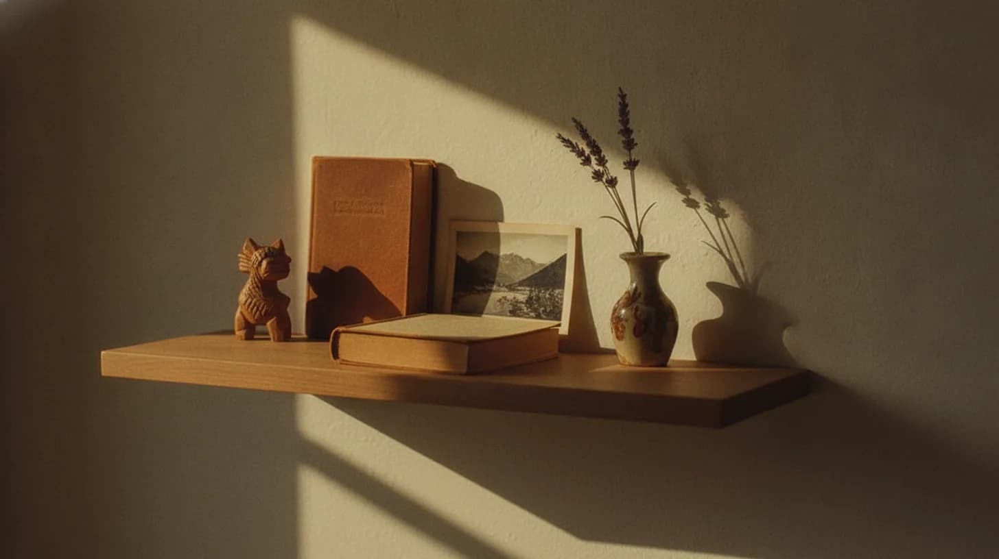 Warm sunlight illuminating a collection of cultural objects on a simple wooden table—prayer beads, a family photo, a journal, and traditional textiles—representing the intersection of identity and healing