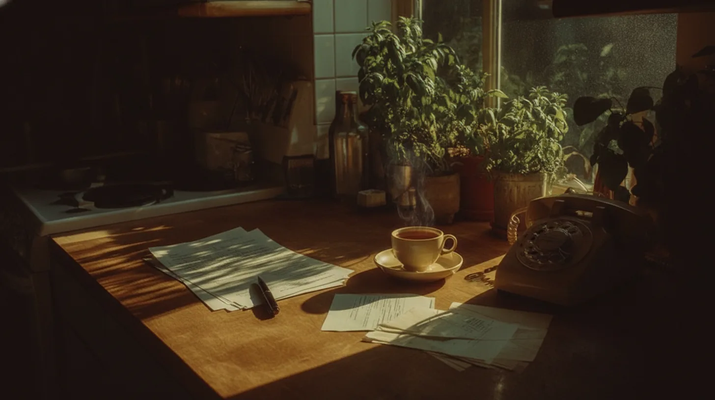 Morning light on a kitchen table with organized paperwork, coffee mug, and reading glasses suggesting thoughtful review of benefits documentation