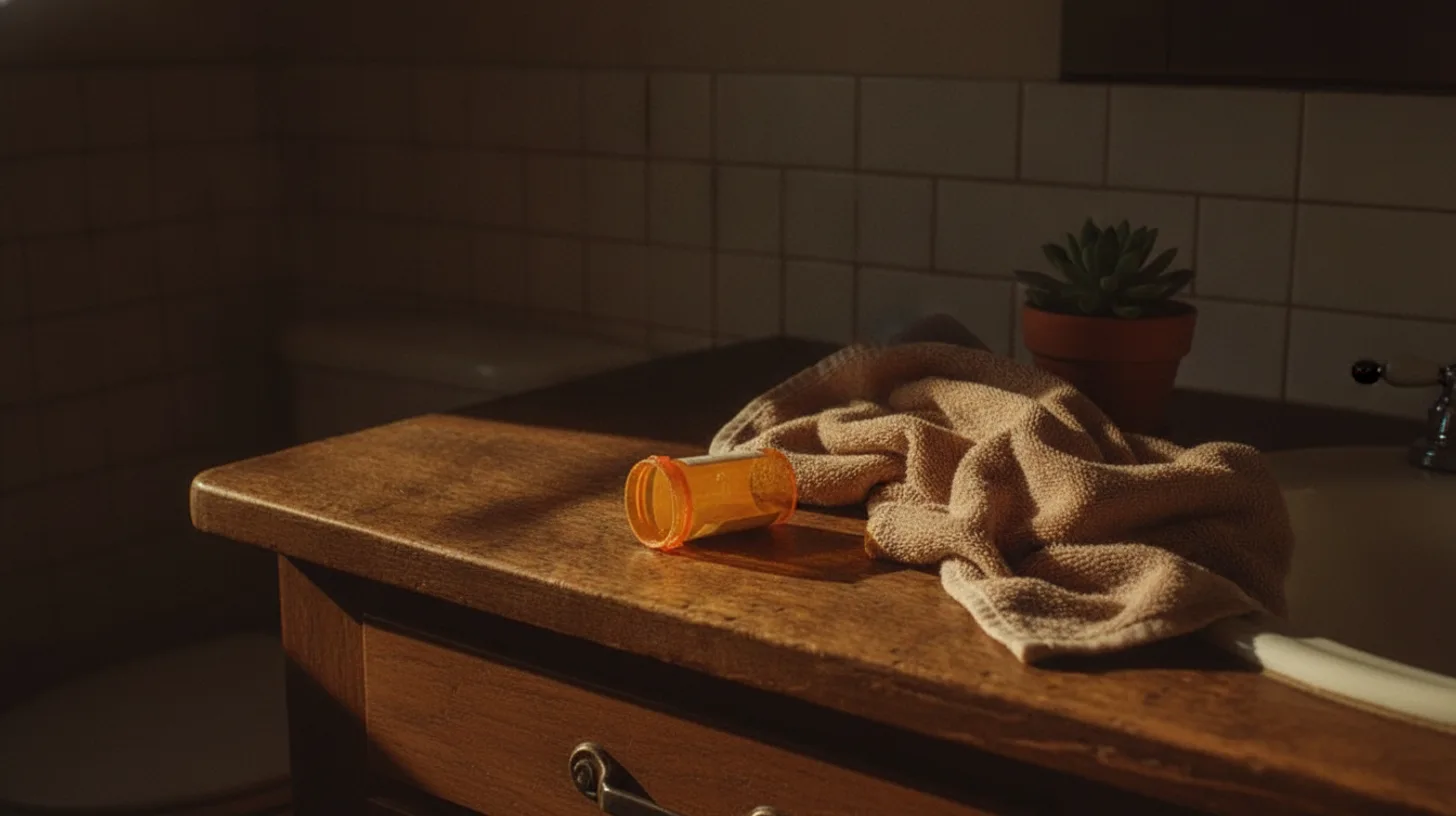 Morning light illuminating prescription bottle on bedside table with journal and coffee cup