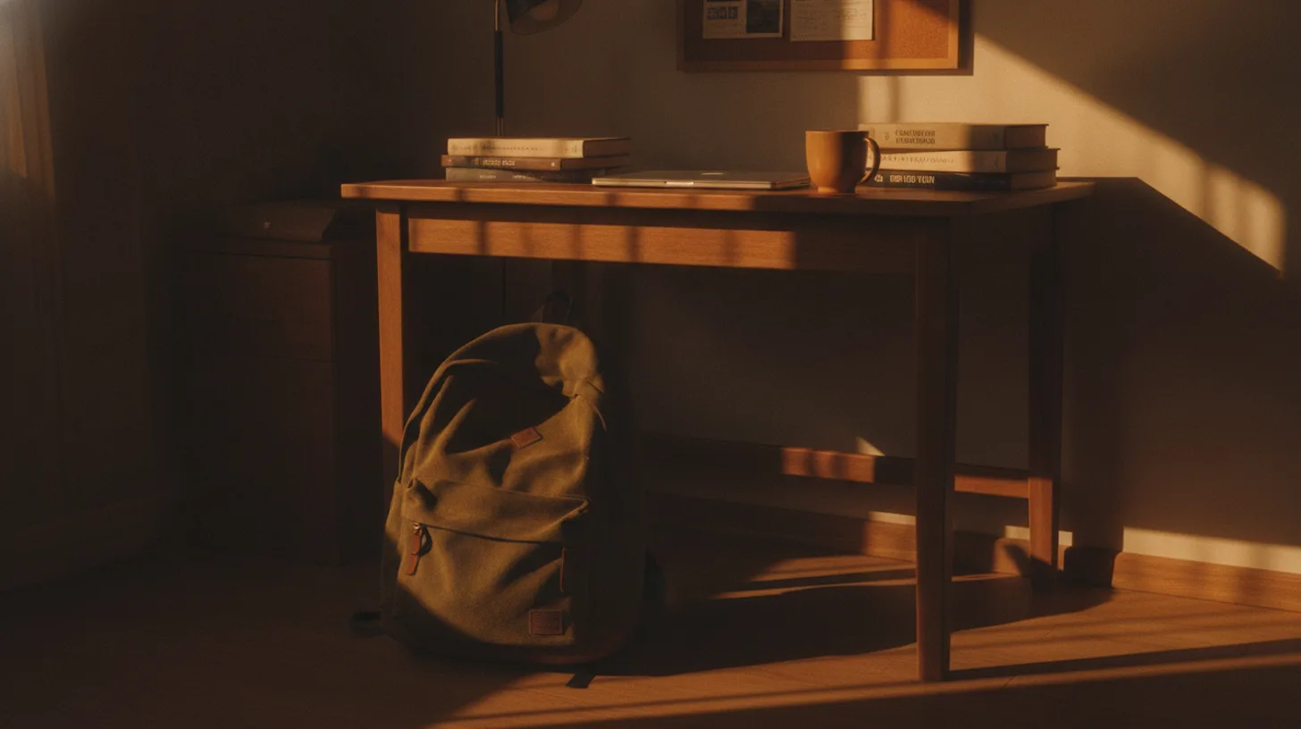 Young adult studying at a desk with morning light streaming through a window, symbolizing hope and continuing education during recovery