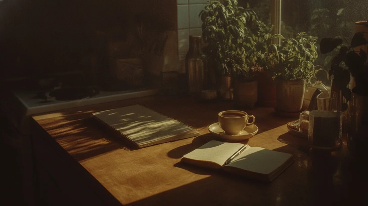 Journal and pen on a wooden table with morning light, symbolizing personal goal-setting and reflection in recovery
