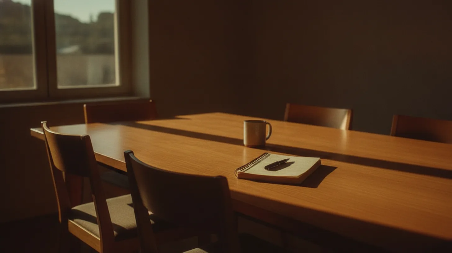 Modern office desk with employment documents and a cup of coffee in warm morning light