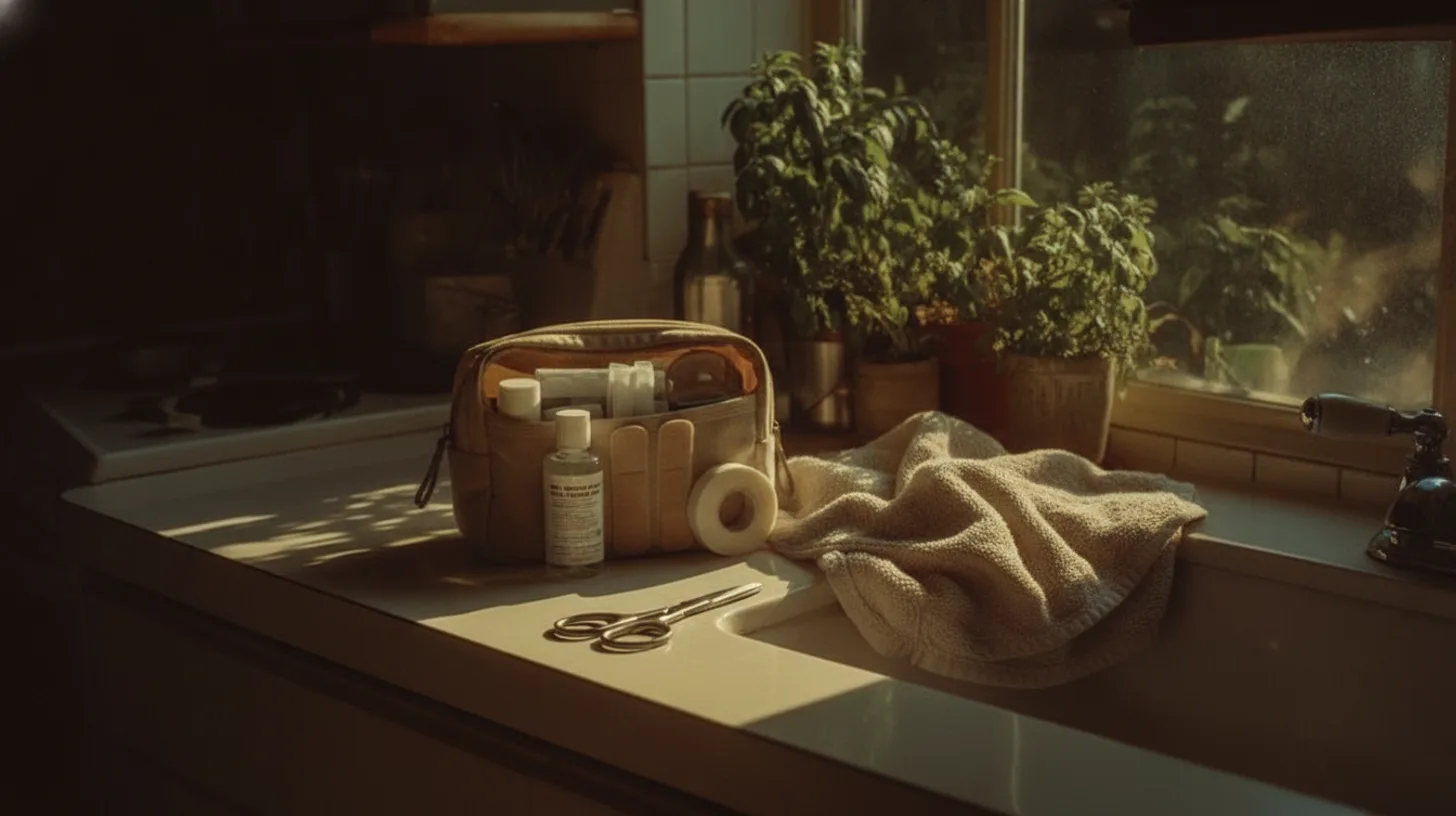 Clean medical supplies and bandages on a simple table with warm natural light